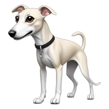 a beige whippet body with one fore-foot up and a leash going out of frame, with a dark snout, black and white mouth patchy and black angel wing like eyes sticker