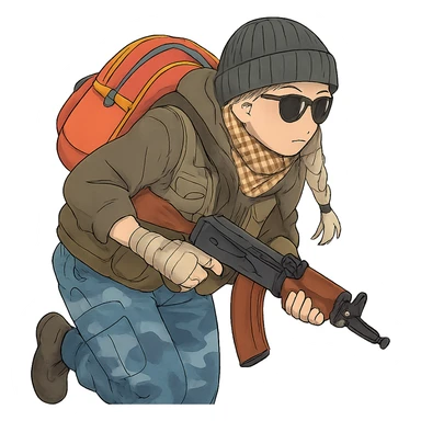 1 female, long white braid, knit cap, dark sunglasses, shemegh neckwrap, fishing vest, vibrant shool backpack, drab hoodie, handwraps, blue camo pants, AKS-74U, hunched over, on the move sticker