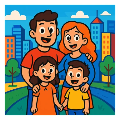 cartoon family standing together in a city, colorful, cheerful, modern urban background, vibrant toon style sticker
