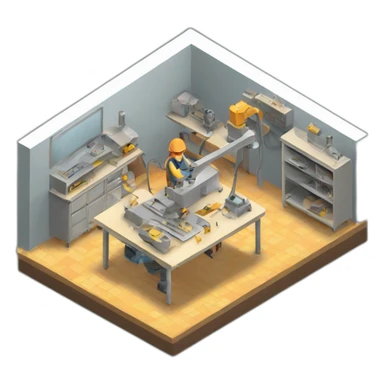 isometric fabricator working in creative workshop industrial  sticker