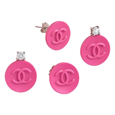3D emoji-style pink Chanel logo earrings with diamond accents, glamorous sticker