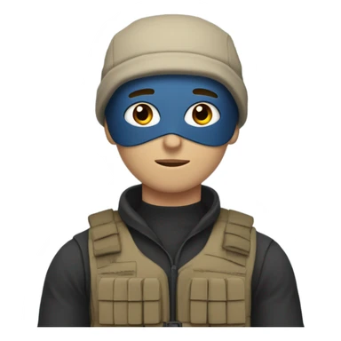 White male, face mask, tan tactical gear, tan pants, combat boots, black beanie, blue eyes sticker
