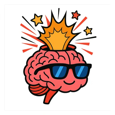 brain with cool sunglasses, top bursting open with comic-style explosion lines and stars sticker