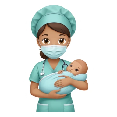 neonatal nurse with tan skin, holding a swaddled baby, hospital background sticker