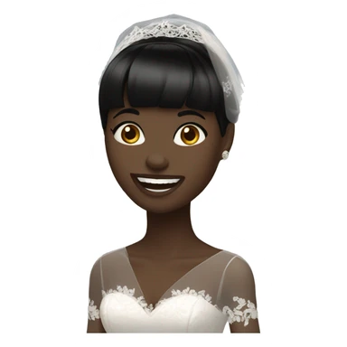 bride with very pale skin dark brown straight very short hair black lace dress and bangs laughing with veil sticker