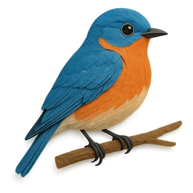 Eastern Bluebird on a branch, layered paper details, vivid blue and orange plumage, expressive eye, naturalistic pose sticker