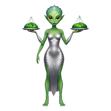 Green Alien woman with scales skin in silver dress, full figure, yellow eyes sticker