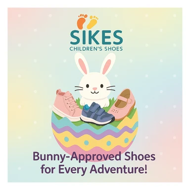 Easter-themed Instagram post for Sikes Children's Shoes with pastel background, logo at top, bunny peeking out of an Easter egg filled with shoes, headline: 'Bunny-Approved Shoes for Every Adventure!'. Include uploaded logo. sticker