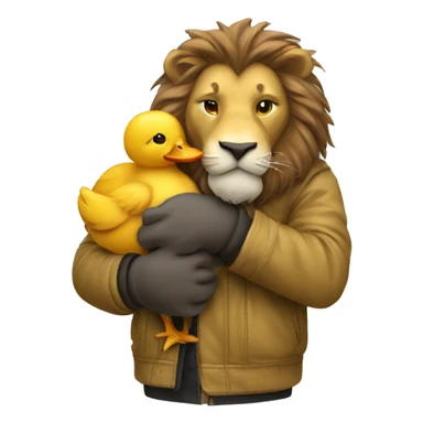 Lion in jacket hugging with duck sticker