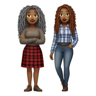 1st Curvy woman gray locs wearing pants  2nd curvy woman is brown with red locs in a skirt with a plaid sweater shopping sticker