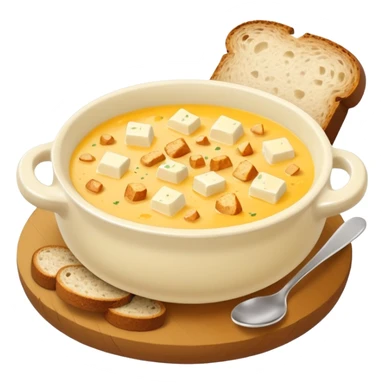 cheese soup with lard and garlic, and cubes of dry dark bread sticker