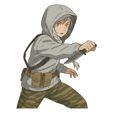 1 female, mid-20's  white hair long braid, gold yellow eyes, light gray rainproof waterproof tactical jacket, hood up, tight-fitting single point sling, tan mag pouches on belt rig, tiger stripe camo pants, holding a combat blade, striking, swinging sticker