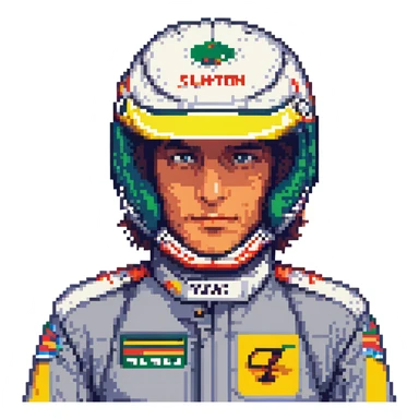 Ayrton Senna, Formula One driver, pixel art, close-up face, racing suit, 8-bit style, vibrant colors sticker