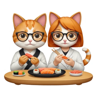 cute girl cat wearing glasses and a cute boy cat eating sushi together sticker