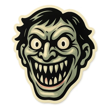 creepy face with sharp teeth and wide smile, retro stickers style, sharp black outlines, simple but detailed drawing, clear shadows and highlights, no gradients sticker