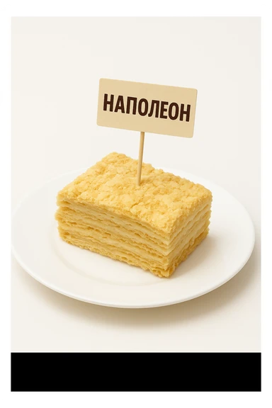 Сгенерируй мне такую же тарелку с кусочком наполеона, но что в нем торчала шпашка и на ней было написанно Наполеон  sticker