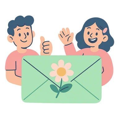 leaf envelope sealed with a flower, pastel greens and pinks, pastel-toon style sticker