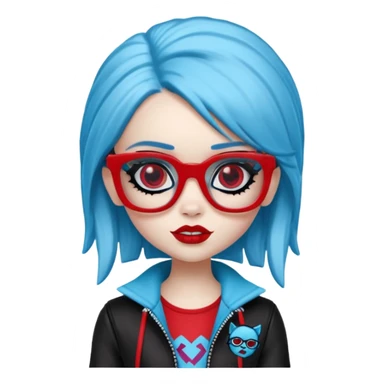 Ghoulia yelps monster high doll in scene/emo style clothes, red rectangle glasses sticker