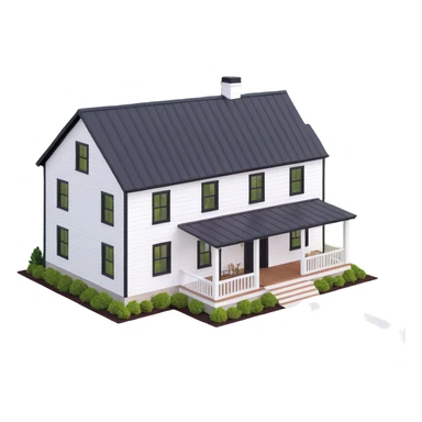 modern farmhouse with white siding, black roof and black trim, isometric exterior view sticker