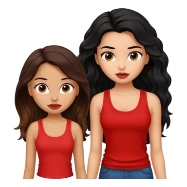 generate a pretty tan bratz girl with brown wavy hair long wearing a red tank top talking to a girl with black hair sticker