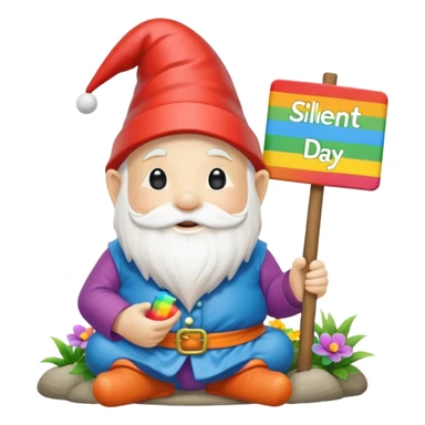 A zen rainbow garden gnome, holding a sign reading "Silent Letter Day, who's with me?” sticker