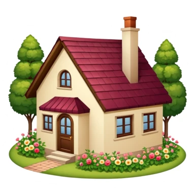 A dacha with a burgundy tiled roof and a garden sticker
