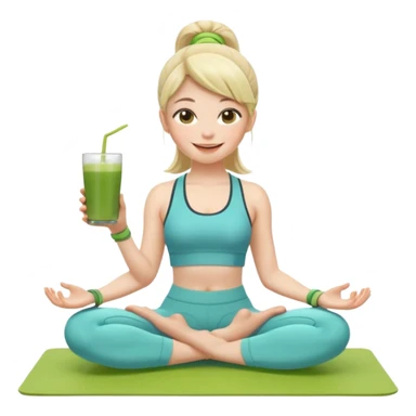 Девушка-мемоджи радостно сидит на коврике для йоги, в спортивной позе, в ярком стильном спортивном комплекте. Лицо сияющее, улыбка очень довольная и счастливая, в руках яркий стакан освежающего матча-лимонада, вокруг атмосфера свежести, отдыха и комфорта. Белый фон. 2 руки и 2 ноги sticker