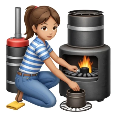 Metal cylindrical coal stove with a girl cleaning it while kneeling, seen from behind, wearing jeans and a striped shirt sticker