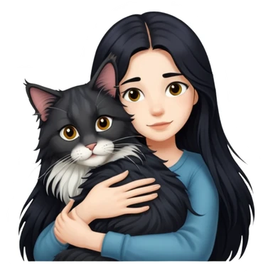A girl with long black  hair tightly hugged a Maine coon sticker