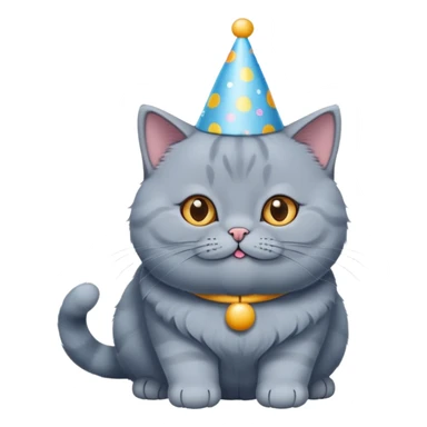 British shorthair blue cat happily wears a birthday hat sticker