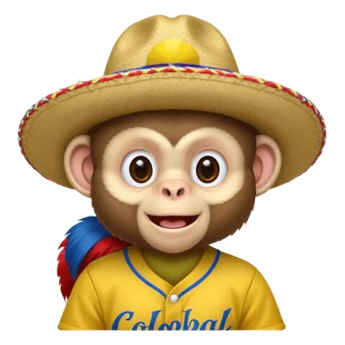 Un mono capuchino que predomine el color café, cara clara y expresiva, que lleve uniforme de softbol de Colombia, con un sombrero vueltiao' un poco inclinado, alegre, atlético y una gorra que diga "Yaifer" sticker