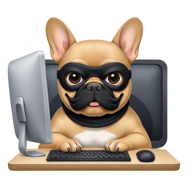 Tan french bulldog working behind computer sticker