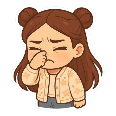 Create a chibi sticker of the girl from the reference image. She has brown straight hair in double buns, brown eyes, wearing a pastel floral cardigan and jeans. She is pinching her nose and frowning, as if something smells really bad. The sticker should have a white outline and a transparent background, 512x512px. sticker