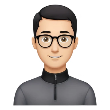 Caucasian man with black hair cut extremely short (almost buzz cut), short beard with gray streaks, large black eyeglasses, cheerful expression, black long sleeve shirt with quarter zip collar sticker