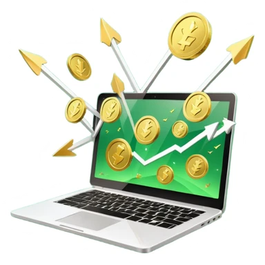 3D laptop icon with gold coins flying out of screen, green color (#0B3D2C), gold accents (#C9B037), upward arrows, glossy modern style, transparent background sticker