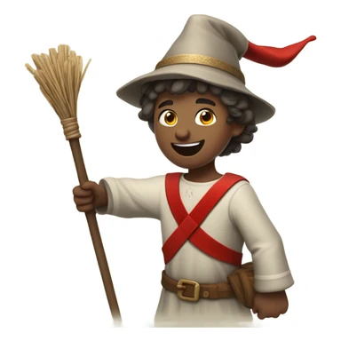 happy 13th century European pilgrim boy with staff, red stockings, short tunic and hat raising his hand in victory sticker