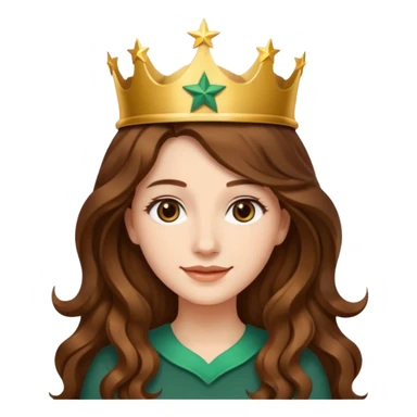 Apple style 3D emoji of a young woman inspired by the Starbucks logo. She has long wavy hair on both sides, a crown with a star on her head, and a soft smile. Smooth, shiny, simple emoji look. sticker