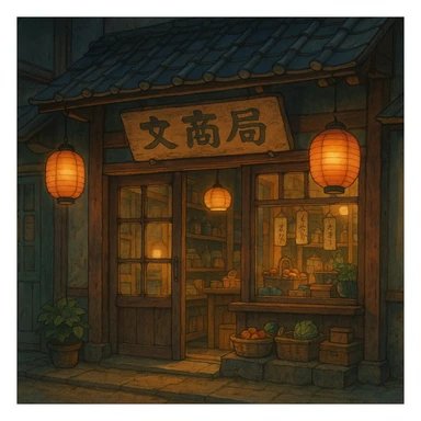 Cozy anime storefront with traditional Asian elements, warm lighting, hanging lanterns, shop sign in Japanese style, Studio Ghibli style sticker