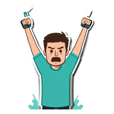Man holding both arms in the air and holding an electrical cable der Man looks sad sticker