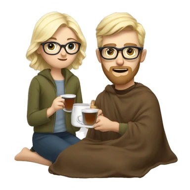 Pale blonde girl wearing glasses and short brown haired bearded man drinking tea under blanket sticker