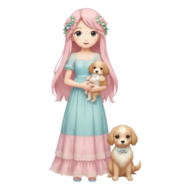 Pastel anime lady long hair with long lace dress full body holding puppy sticker