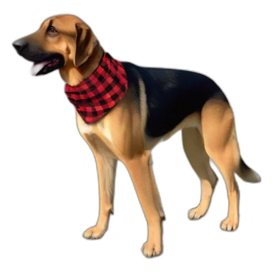 adult 75% Coonhound 25% German Shepherd mix dog with visible tail wearing small pointed red buffalo plaid bandana full body walking left quickly sticker