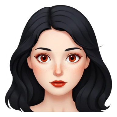 woman with flowing black hair, natural makeup, and prominent red freckles on face sticker