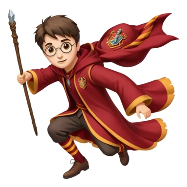 Cartoon-style illustration of Harry Potter flying on a broomstick, Gryffindor red and gold outfit, expressive face, dynamic motion, magical vibe, smooth shading, vibrant colors, no background, transparent background, isolated character. sticker