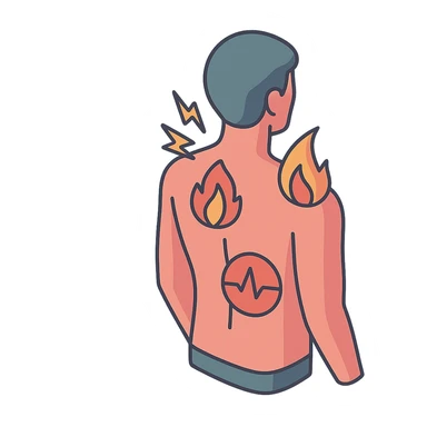 Silhouette of a back with pain zones indicated by lightning bolts in the neck area, pulse in the lower back, and fire in the shoulder blades. Style: 2D Isometric with clear shadows and highlights, transparent background. sticker