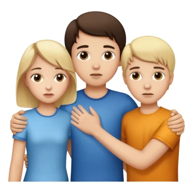  iOS emoji style.
A girl holding hands with two boys at the same time,one boy si brunette the other blonde, one on each side. the brunette one is kised by the girl but the blonde one si holding hand with her
The girl has a suspicious, guilty expression
 smooth gradients, rounded shape sticker
