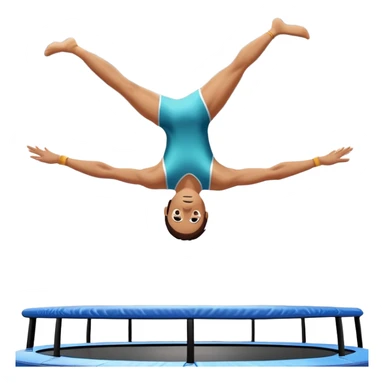An athletic person soaring high above a trampoline, executing an acrobatic flip with perfect form. The scene captures motion and energy, with a dynamic pose, stretched limbs, and a focused expression. The background suggests a professional trampoline arena with safety padding. sticker