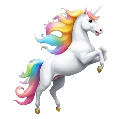 A happy, white unicorn with a colorful mane and tail, in a mid-leap pose, leaving a trail of sparkling rainbows behind. sticker