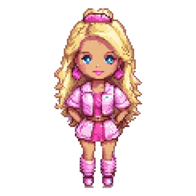 Barbie character with iconic blonde hair and pink outfit, bright colors, pixel art style, simple background sticker