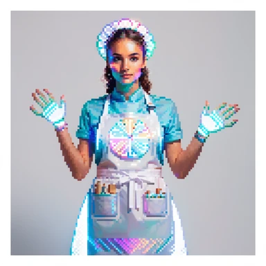 Portrait of a futuristic baker in skeuomorphism style, same pose and lighting as previous levels, wearing a translucent apron with holographic patterns, glowing hologram interface floating around hands, holding a digital whisk made of light beams, subtle neon reflections on face and clothes sticker